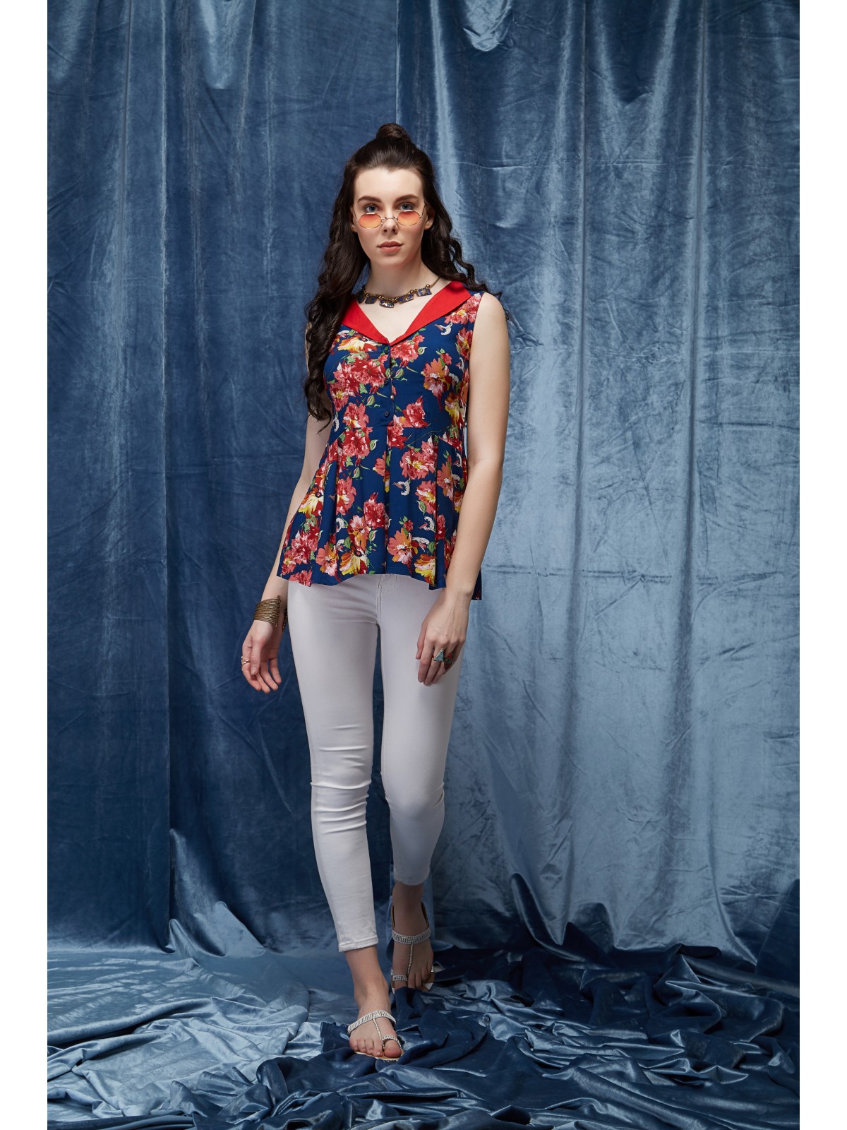 Wide Collar Blue And Red Flower Printed  Top